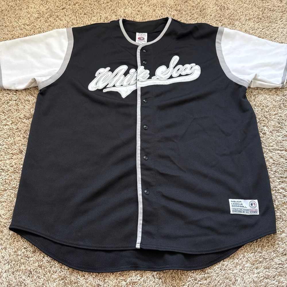True Fan Chicago White Sox MLB Baseball Jersey Mens Large Black White Button Up